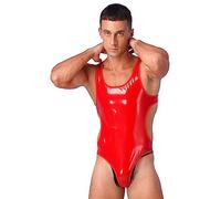 Agoky Herren Glänzend Tank Top Body Ärmellos Rückenfrei Stringbody mit Cut-Outs PU PVC Trägertop Low Rise High Cut Slip Clubwear Rot L