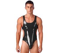 Agoky Herren Glänzend Tank Top Body Ärmellos Rückenfrei Stringbody mit Cut-Outs PU PVC Trägertop Low Rise High Cut Slip Clubwear Schwarz XXL