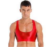 Agoky Herren Glänzende T-Shirt Kurz Mini Ärmellos/Kurzarm Shirts Bauchfreie Oberteile Crop Top Unterhemd Sportshirt Dessous Clubwear Rot L