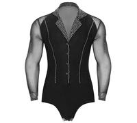Agoky Herren Glitzer Leotard Tiefer V Ausschnitt Langarm Body Hemd Transparent Mesh Spleiß Latein Tanz Shirts Overalls Jumpsuit Eiskunstlauf Bekleidung Schwarz M