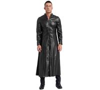 Agoky Herren Metallic Ledermantel Jacke Übergangsjacke Trenchcoat Stehkragen mit Reisverschluss Party Jacket Gothic Punk Kostüm Clubwear Schwarz 5XL