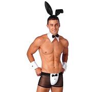 Agoky Herren Sexy Bunny Dessous Set Mesh Boxershorts Retroshorts mit Hase Ohren Haarreifen + Hemd Kragen mit Fliege + Armbänder Reizwäsche Clubwear Schwarz XL