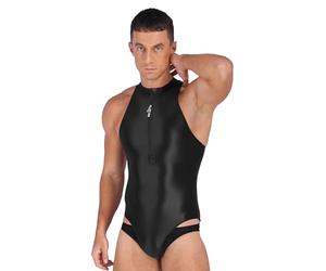 Agoky Herren Sissy Body Dessous Ärmellos Glossy Bodysuit mit Reisverschluss Stringbody Einteiler Unterwäsche Badeanzug Schwimmanzug Schwarz Einheitsgröße