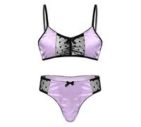 Agoky Herren Sissy Dessous Mann Reizwäsche Spitzenbesatz Stain BH Set Träger Büstenhalter Bügellos Bra Bustier Low Rise Im Schritt Offen Slip String Clubwear Violett B L
