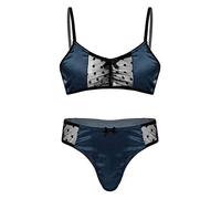 Agoky Herren Sissy Dessous Mann Reizwäsche Spitzenbesatz Stain BH Set Träger Büstenhalter Bügellos Bra Bustier Low Rise Im Schritt Offen Slip String Clubwear Dunkelblau B XXL