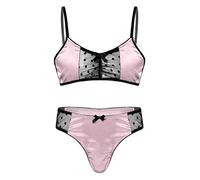 Agoky Herren Sissy Dessous Mann Reizwäsche Spitzenbesatz Stain BH Set Träger Büstenhalter Bügellos Bra Bustier Low Rise Im Schritt Offen Slip String Clubwear Pink B L