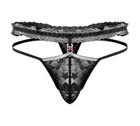 Agoky Herren Spitzen Dessous Sissy Slip Low Rise String Durchsichtige Tanga High Cut Thong T Back Bikini Briefs Rüschen Bikinihose Clubwear B Schwarz Einheitsgröße