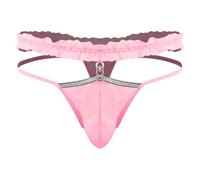 Agoky Herren Spitzen Dessous Sissy Slip Low Rise String Durchsichtige Tanga High Cut Thong T Back Bikini Briefs Rüschen Bikinihose Clubwear B Rosa Einheitsgröße