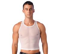 Agoky Herren Tank Top T-Shirt Oberteil Transparent Unterhemden Männer kurzes Netzhemd Muskel Shirt Netzshirt Gaze Crop Top Netz Dessous Clubwear Weiß J M