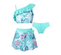 Agoky Mädchen Badebekleidungsset Bikini Zweiteiler Badeanzug Modisch Badebekleidung Sportlich Tank Top + Blumendruck Baderock mit Bikinislip Mint Grün B 164
