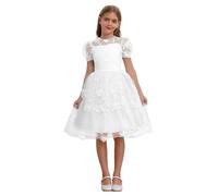 Agoky Mädchen Festlich Partykleid 3D Floral Spitzen Kleider Brautjungfernkleid Brautkleid Kommunionkleid Hochzeits Festzug Outfits gr. 110-170 Weiß 158-164
