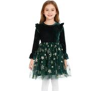 Agoky Mädchen Festlich Weihnachten Kleider Langarm Rundhals Velvetkleid Samtkleid mit Glitzer Tüllrock Schneeflocken Bedruckt Shirtkleider Prinzessin Winterkleider Grün 104-110
