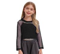 Agoky Mädchen Fishnet Tshirt Mesh Langarm Crop Top Hip Hop Street Dance Pullover Tunika Shirt Blouse Cover Up Unterhemd Schwarz 158-164