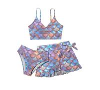 Agoky Mädchen Meerjungfrau Bikini Badeanzug Fischschuppen Prinzessin BH Slip Rock Bademode Schwimmanzug 3Pcs Tankini Set für Kinder Lila Blau 176