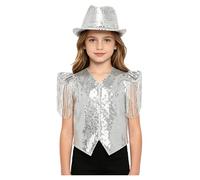 Agoky Pailletten Weste Kinder Waistcoat Kinder Glänzende Tanzweste Formal Waistcoat Pailletten Weste Mit Hut Silber Tanzkostüm Karneval Silber 146-152
