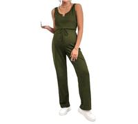 Agoky Schwangerschaft Damen Umstandsmode Weites Bein Hose Set Tank Top Mit Hosen Ärmelloses Jumpsuit Hochbund Kombianzüge Alltags Armeegrün L