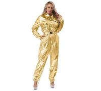 Agoky Unisex Metallic Trainingsanzug Herren Damen Loose Fit Sportanzug Einteiler Jogger Jogginganzug Lack Leder Jumpsuit Sport Overall Party Clubwear Gold 3XL