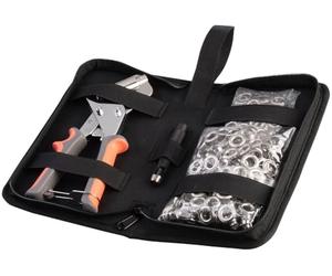 AGT Lochzange: Profi-Ösenzange-Set mit 200 rostfreien Ösen (Ø 10 mm) und Tasche (Ösenzange mit Magnetkopf, Set mit Lochstanze)
