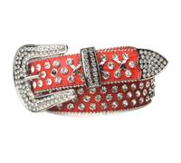 AGUTALITHIC Damen Herren Prägung Ledergürtel Mit Strasssteinen Glänzende Metallniete Kreuzverschluss Nietengürtel Mit Strass Western-Silberschnalle(125cm/49, Red)