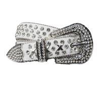 AGUTALITHIC Damen Herren Prägung Ledergürtel Mit Strasssteinen Glänzende Metallniete Kreuzverschluss Nietengürtel Mit Strass Western-Silberschnalle(105cm/41, White)