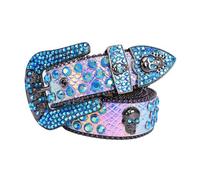 AGUTALITHIC Damen Herren Strassgürtel Western-Cowgirl-Cowboy Nietengürtel Funkelnder Pailletten-Ledergürtel Mit Totenkopf-Schnalle(120cm/47, Blue)