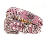 AGUTALITHIC Damen Männer Mode Strass Gürtel, Western Cowgirl Cowboy Punk Gürtel Taillengürtel Mit Glänzender Herzform Nieten Bling Nietengürtel Für Jeanshosen(115cm/45, Pink)