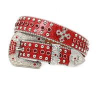 AGUTALITHIC Damen Männer Strass Gürtel Für Jeans - Cowgirl Cowboy Western Kreuznieten Punk Rot Taillengürtel -Glänzender Schnitzen Blumen Schnalle Bling Nietengürtel(100cm/39, Red)