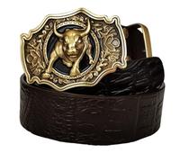 AGUTALITHIC Gürtel Herren Echt Leder Krokodil Muster Riemen, Männer Ledergürtel Mit Golden Snap on Longhorn, Stier-Schnalle, Blumenprägung, Cowboy-Gürtel 3.8cm Breit(110cm/43, Coffee)