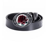 AGUTALITHIC Herren & Damen Handgefertigte Leder Jeans Gürtel Mit Vintage Western Geschnitztes Rot Rosen Blumen Schnalle Ledergürtel Für Arbeit Business Und Casual(100cm/39, Black)