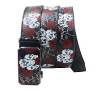 AGUTALITHIC Herren Gürtel Ratsche Automatik Ledergürtel Halloween Schädel Totenkopf & Rosenblüte Graffiti-Muster Dekoration Mit Gürtelschnalle Western Automatikschließe(110cm/43, Black)