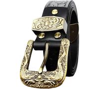 AGUTALITHIC Vintage Western Gürtel Gravierter Doppeldrache Goldschnalle Ledergürtel Mit Blume Ornament Prägung,Für Herren Damen Jeans Anzug(110cm/waist:36"~38", Black)