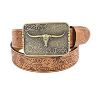 AGUTALITHIC Western Cowboy Prägung Ledergürtel Druckknopf Gürtel Mit Longhorn Stier Gürtelschnalle Verstellbarer Lässiger/Business Stil Guertel Für Jeans Anzug Hosen(110cm/43, Brown)