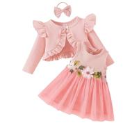 AGYMNX Baby Mädchen Kleid und Strickjacke Set Kleid + Strickjacke + Haarband 3 teilige Gestickte Blumen Ruffle Kleinkind Outfit für 3M-3Y Mädchen Frühling und Sommer Hellrosa 9-12Monate