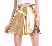 AGYMNX Damen Metallischer Faltenrock Kurz Kostme fr Musikfestivals Hohe Taille Y2K Rockige Kleidung PU Lederrock A-Linie Minirock Partykleid Clubwear golden XXL
