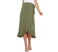 AGYMNX Damen Wickelrock A-Linie Hohe Taille Unregelmiger Midirock Rschensaum Faltenminirock mit Bindeband Sommer Eleganter und Vielseitiger Basic Armeegrn L