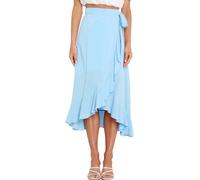 AGYMNX Damen Wickelrock A-Linie Hohe Taille Unregelmiger Midirock Rschensaum Faltenminirock mit Bindeband Sommer Eleganter und Vielseitiger Basic Blau M