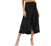 AGYMNX Damen Wickelrock A-Linie Hohe Taille Unregelmiger Midirock Rschensaum Faltenminirock mit Bindeband Sommer Eleganter und Vielseitiger Basic Schwarz M