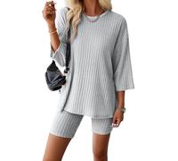 AGYMNX Schlafanzug Damen Kurze Pyjama Set Baumwolle 3/4 rmel Gestricktes Yoga Set Rundhalsausschnitt 2 Stck Slim Fit Frauen Bequeme Pyjamas Sportbekleidung Trainingsanzug Freizeitkleidung Grau S