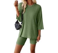 AGYMNX Schlafanzug Damen Kurze Pyjama Set Baumwolle 3/4 rmel Gestricktes Yoga Set Rundhalsausschnitt 2 Stck Slim Fit Frauen Bequeme Pyjamas Sportbekleidung Trainingsanzug Freizeitkleidung Grn L