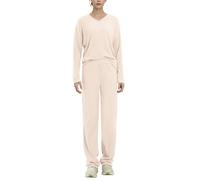 AGYMNX Schlafanzug Damen Lang Pyjama Set Baumwolle Lange rmel Gestricktes Yoga-Sets mit V-Ausschnitt 2 Stck Slim Fit Frauen Gemtliche Nachtwschee mit Taschen Sportanzug Trainingsanzug beige XXL