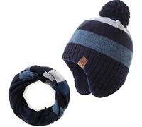 AHAHA Wintermütze Junge and Baby - Fleece-Gefüttertes Ski Beanie Kinder Strick Earflap Schal und Mütze Set,1-3 Jahre,Blaue streifen set(51 CM)