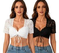 Ahigh Dirndl Bluse Damen 2er Pack Weiß & Schwarz - Dirndlbluse V-Ausschnitt Kurzarm Spitze Trachtenbluse Elegant Bequem für Oktoberfest 34-46