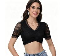 Ahigh Dirndl Bluse Damen Spitze Blumen Dirndlbluse Schwarz V-Ausschnitt Dirndl Blusen Kurzarm Elegant Trachtenbluse für Oktoberfest & Festliche Anlässe Größe 34-46
