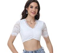 Ahigh Dirndl Bluse Damen Spitze Blumen Dirndlbluse Weiß V-Ausschnitt Dirndl Blusen Kurzarm Elegant Trachtenbluse für Oktoberfest & Festliche Anlässe Größe 34-46