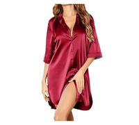 AHIOJEGX Seidennachthemd Damen Frauen Ice Silk Pyjamas Nachthemden Nachtwäsche Kurzarm Shirt Schwarz Glatt(Claret,XL)