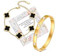 Ahokei 2 Stück Kleeblatt Armband Gold Damen 18 CM Schwarze aus 18K Vergoldet Vierblättriges,Zirkonia Armreif Gold Armbänder Damen Schmuck Geschenk für Frauen
