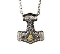AHTCPO Wikinger-Halskette mit Thorshammer Zweifarbig, S925 Sterlingsilber, Mjolnir-AnhäNger mit Vier Elementen, Nordischer Mythologie-Schmuck für Männer und Frauen(Pendant+silver chain)