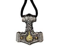 AHTCPO Wikinger-Halskette mit Thorshammer Zweifarbig, S925 Sterlingsilber, Mjolnir-AnhäNger mit Vier Elementen, Nordischer Mythologie-Schmuck für Männer und Frauen(Pendant+wax cord)