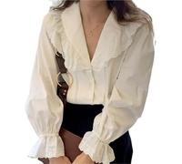 AHUFGN Damen Blusen Chic Lace Large Lapel Bluse Damen Retro Einreiher Ausgestellte Ärmel Shirt Weiblich Süße Streetwear Tops