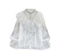 AHUFGN Damen Blusen Vintage Blusen Frauen Rüschen Design Lange Ärmel Einreiher Casual Tops Herbst Süße Perlen Spitze Shirts(White)